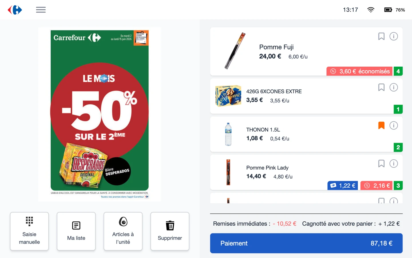 DigiCart half-screen targeted promotions display with basket list